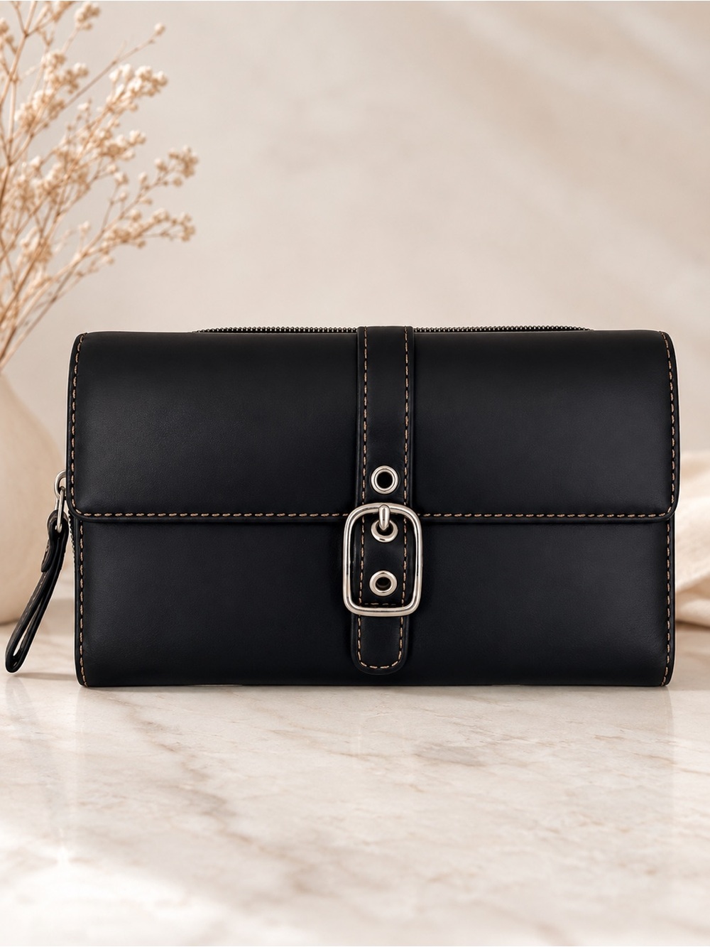 Vintage Coach Black Leather Buckle Continental Wallet